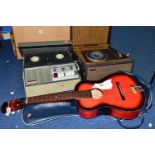 A CHILD'S ACOUSTIC GUITAR, A PORTABLE RECORD PLAYER AND A REEL TO REEL TAPE RECORDER, comprising a