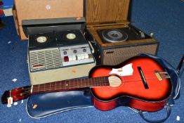 A CHILD'S ACOUSTIC GUITAR, A PORTABLE RECORD PLAYER AND A REEL TO REEL TAPE RECORDER, comprising a