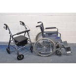A DMA WHEELCHAIR with blue fabric seat along with a Days folding rollator (2)