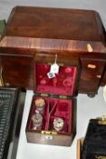 TWO ANTIQUE WOODEN BOXES IN NEED OF RESTORATION, comprising a rosewood box containing three glass