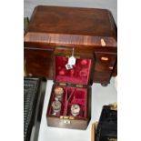 TWO ANTIQUE WOODEN BOXES IN NEED OF RESTORATION, comprising a rosewood box containing three glass