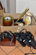 A BOX OF BINOCULARS, TELESCOPE, CERAMICS AND SUNDRY ITEMS, to include a brass six section