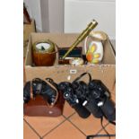 A BOX OF BINOCULARS, TELESCOPE, CERAMICS AND SUNDRY ITEMS, to include a brass six section