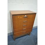A MID CENTURY TEAK CHEST OF FIVE LONG DRAWERS, width 76cm x depth 42cm x height 107cm (condition:-
