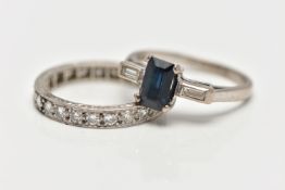 TWO WHITE METAL GEM SET RINGS, the first set with a rectangular cut sapphire, prong set, flanked
