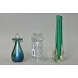 THREE PIECES OF STUDIO GLASS, comprising a clear Wedgwood Sheringham candle holder with three