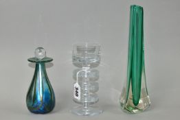 THREE PIECES OF STUDIO GLASS, comprising a clear Wedgwood Sheringham candle holder with three