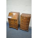 A MAHOGANY BOWFRONT CHEST OF FIVE DRAWERS, width 46cm x depth 36cm x height 93cm, and a slim