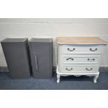 A CREAM PARTIALLY PAINTED CHEST OF THREE DRAWERS, width 80cm x depth 40cm x height 83cm, and a