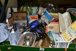 TWO BOXES OF CERAMICS, GLASS, EPHEMERA AND SUNDRY ITEMS, to include 'King Arthur And His Knights' by