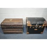 A VINTAGE EBONISED FABRIC DOMED TRUNK, width 60cm x depth 48cm x height 57cm (condition:-