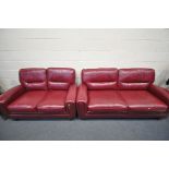 AN SCS CLARET TWO PIECE LOUNGE SUITE, comprising a three seater sofa 196cm, and a two seater sofa