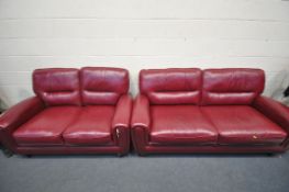 AN SCS CLARET TWO PIECE LOUNGE SUITE, comprising a three seater sofa 196cm, and a two seater sofa