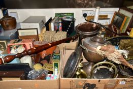 FOUR BOXES OF METALWARE AND ASSORTED SUNDRIES, to include a wicker picnic basket, copper kettle, bed