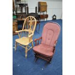 A BEECH WINDSOR ARMCHAIR (condition:-fluid stains) and a mahogany rocking chair (2)