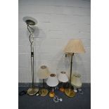A BRASS SWING ARM FLOOR LAMP, a similar table lamp, along with a standard lamp with an uplight glass