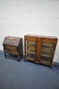 A 20TH CENTURY OAK FALL FRONT BUREAU with fitted interior, brown leather writing surface, above