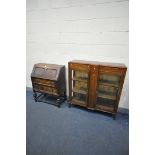 A 20TH CENTURY OAK FALL FRONT BUREAU with fitted interior, brown leather writing surface, above