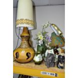 A GROUP OF LAMPS, VASES AND ORNAMENTS, to include a 1960s/1970s mustard glazed table lamp bearing