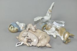 FOUR LLADRO ANIMAL AND BIRD FIGURES, comprising Playful Piglets 5228, sculptor Jose Roig, issued