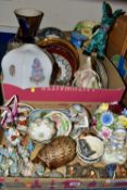 THREE BOXES OF CERAMICS AND GLASSWARES, to include two Old Court Ware lustre vases height of tallest