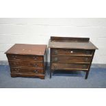 AN OAK CHEST OF THREE LONG DRAWERS, width 92cm x depth 46cm x height 80cm, and a mahogany tv