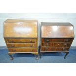 TWO WALNUT BUREAUS, both with fitted interiors and three drawers, on cabriole legs, width 76cm x