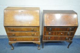 TWO WALNUT BUREAUS, both with fitted interiors and three drawers, on cabriole legs, width 76cm x