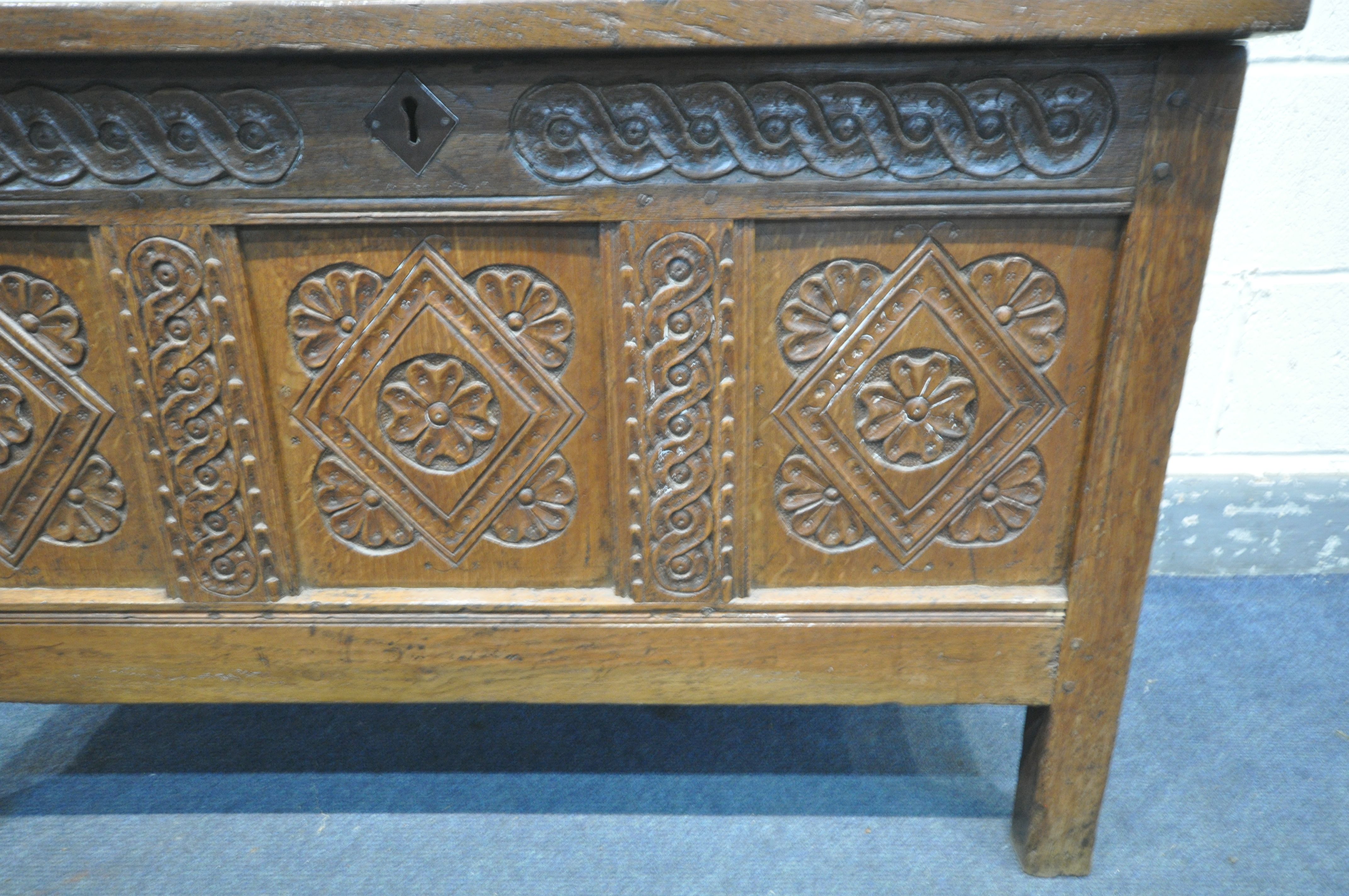 A GEORGIAN OAK COFFER, with a carved panel front, width 105cm x depth 53cm x height 67cm ( - Image 3 of 3