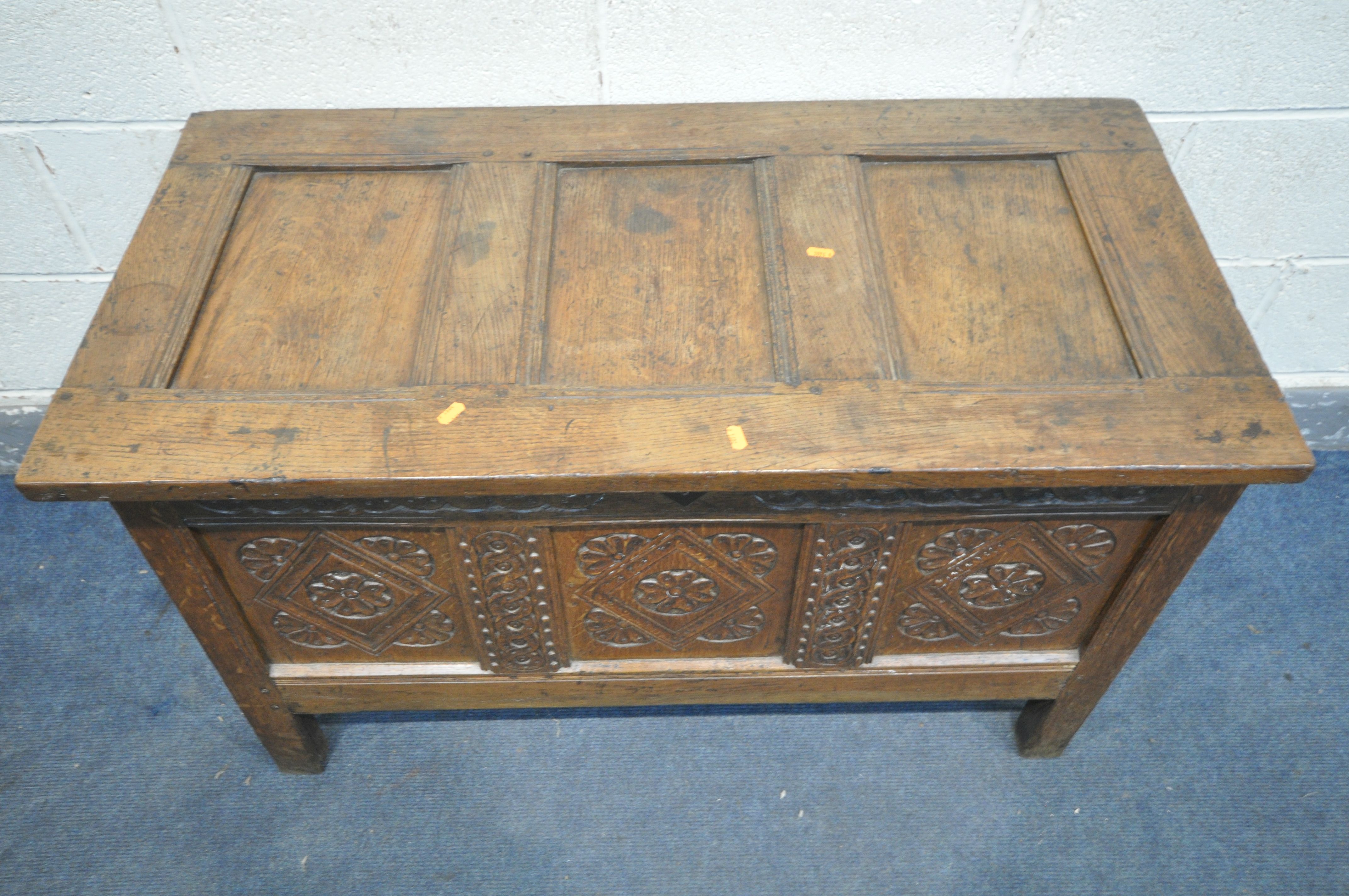 A GEORGIAN OAK COFFER, with a carved panel front, width 105cm x depth 53cm x height 67cm ( - Image 2 of 3