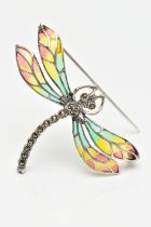 A WHITE METAL PLIQUE A JOUR MARCASITE DRAGONFLY BROOCH, the marcasite body and eyes, with vari hue