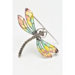 A WHITE METAL PLIQUE A JOUR MARCASITE DRAGONFLY BROOCH, the marcasite body and eyes, with vari hue