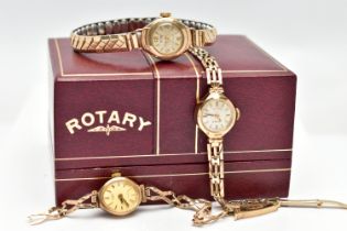 THREE LADIES 9CT GOLD WRISTWATCHES, the first a manual wind 'Rotary' watch with a round silver