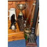 A GROUP OF MISCELLANEOUS ITEMS, comprising a metal candle stand, height 90cm, a modern green glass
