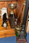 A GROUP OF MISCELLANEOUS ITEMS, comprising a metal candle stand, height 90cm, a modern green glass