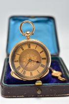 A LATE 19TH CENTURY 18CT GOLD POCKET WATCH, a ladys key wound pocket watch, gold tone floral dial,