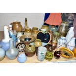 A QUANTITY OF STUDIO POTTERY, LAMPS AND SALT GLAZED JARS, to include Ewweny Pottery comprising a