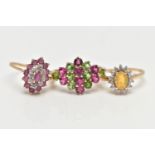 THREE GEM SET RINGS, the first designed as a tiered lozenge shape cluster centring on a marquise cut