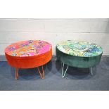 TWO SIMILAR ABSTRACT VELVET FOOTSTOOL, on hairpin legs, diameter 70cm x height 49cm (condition:-good
