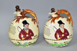 TWO CROWN DEVON JOHN PEEL MUSICAL FLASKS, with wooden stoppers, relief moulded scenes and handles in