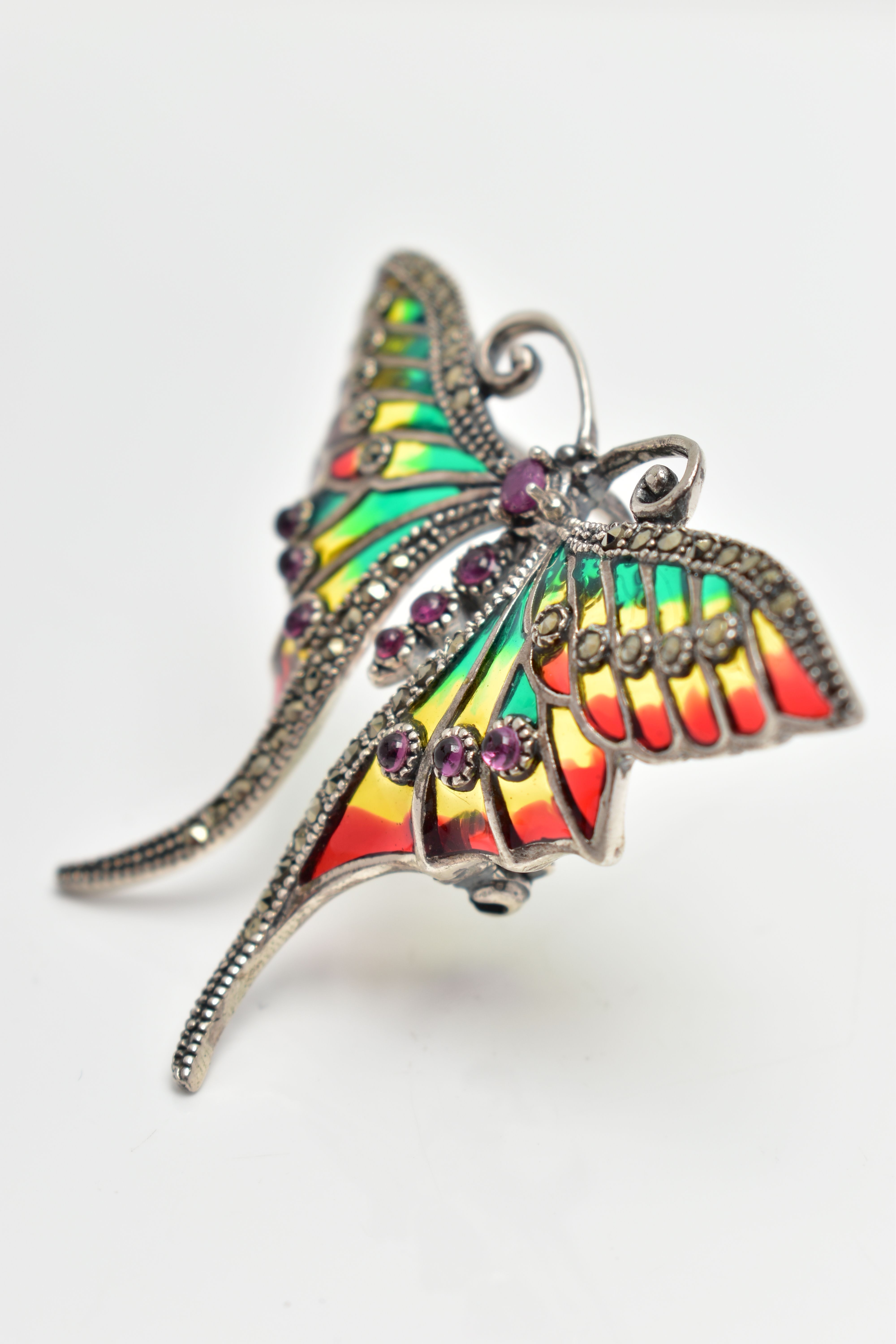 A WHITE METAL PLIQUE A JOUR GEM SET BUTTERFLY BROOCH, the ruby cabochon body, with circular cut ruby - Image 3 of 3