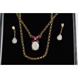 A SET OF YELLOW METAL OPAL, RUBY AND DIAMOND JEWELLERY, to include a necklace set with an oval