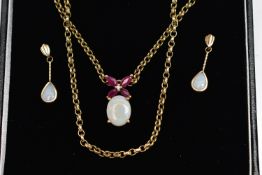 A SET OF YELLOW METAL OPAL, RUBY AND DIAMOND JEWELLERY, to include a necklace set with an oval