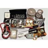 A SELECTION OF SILVER ITEMS, JEWELLERY, WATCHES AND OTHER ITEMS, to include a silver lidded vanity