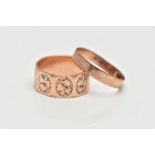 TWO LATE VICTORIAN 9CT ROSE GOLD BAND RINGS, the first comprising engraved foliate oval repeating