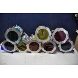 EIGHT ALUMINIUM STAGE LIGHTS all with different colour panels (all UNTESTED)