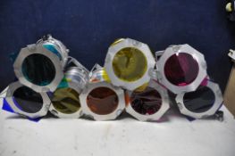 EIGHT ALUMINIUM STAGE LIGHTS all with different colour panels (all UNTESTED)