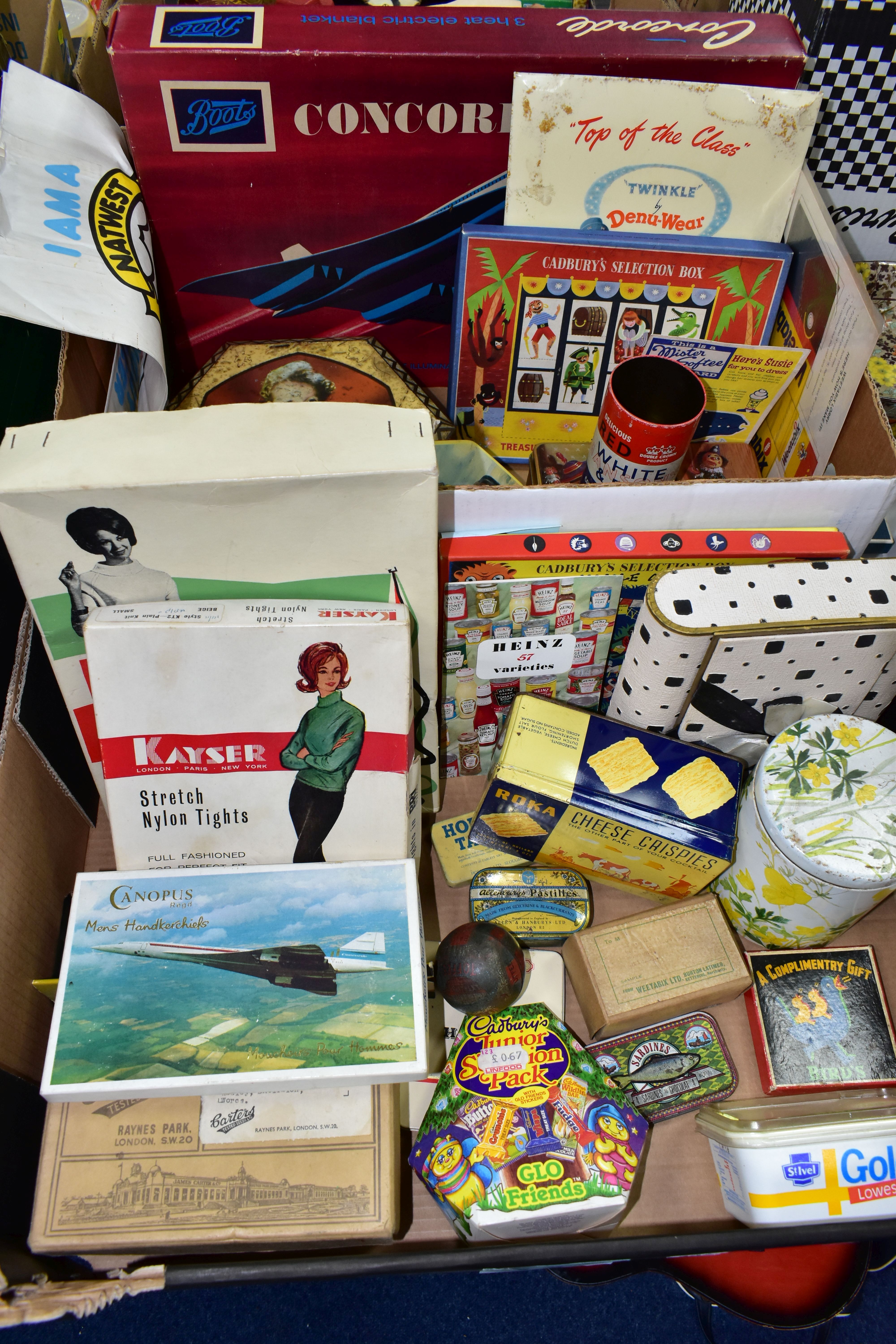 TWO BOXES OF VINTAGE PACKAGING AND ADVERTISING, to include a Mackintosh's Coronation Toffee Ball tin