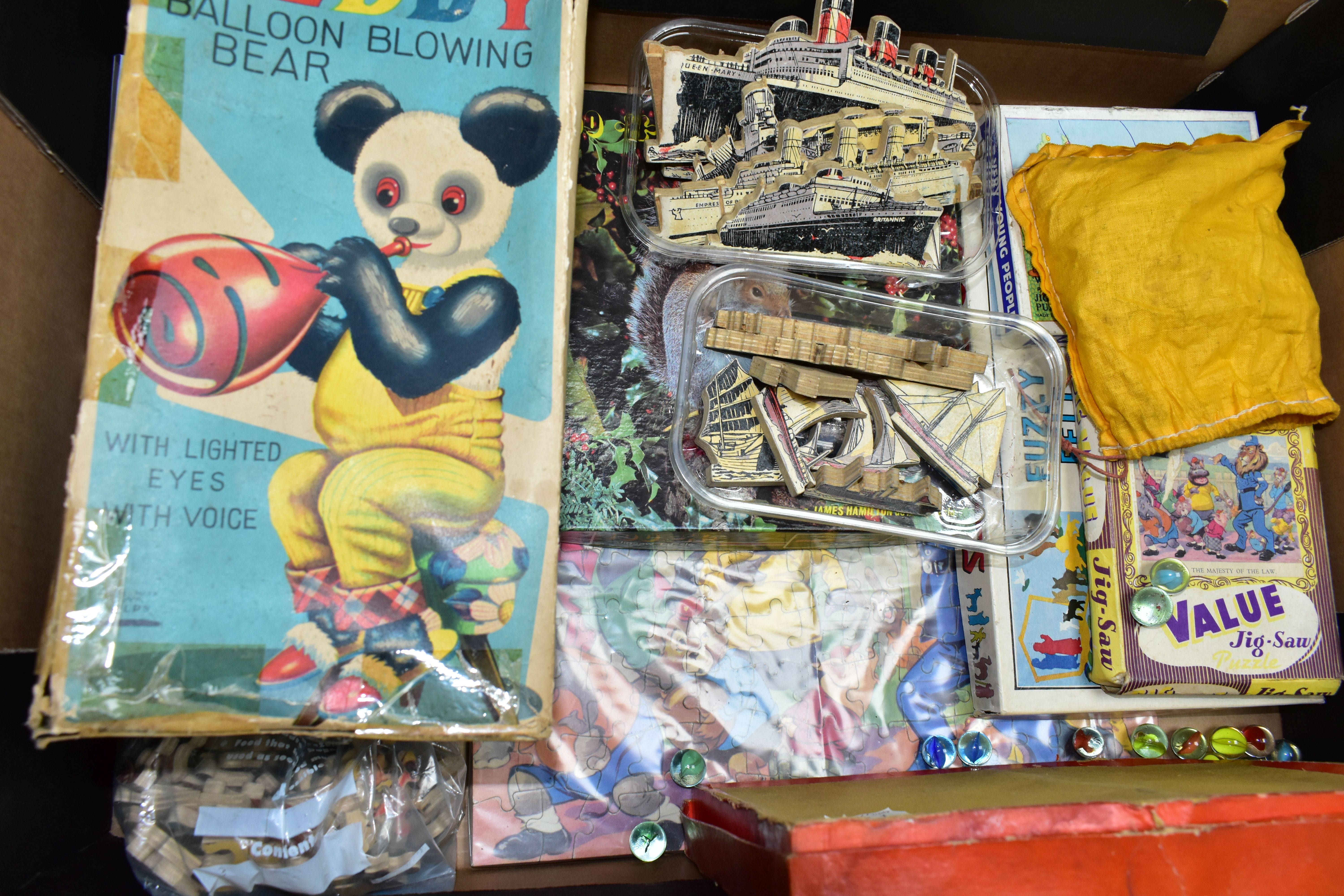 THREE BOXES OF VINTAGE TOYS AND JIGSAWS, to include a balsa wood aircraft making kit, a Tri-ang - Image 2 of 8