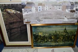 FIVE DECORATIVE PRINTS, COMPRISING A SIGNED ALAN M. HUNT LIMITED EDITION, 'On the Edge' depicting